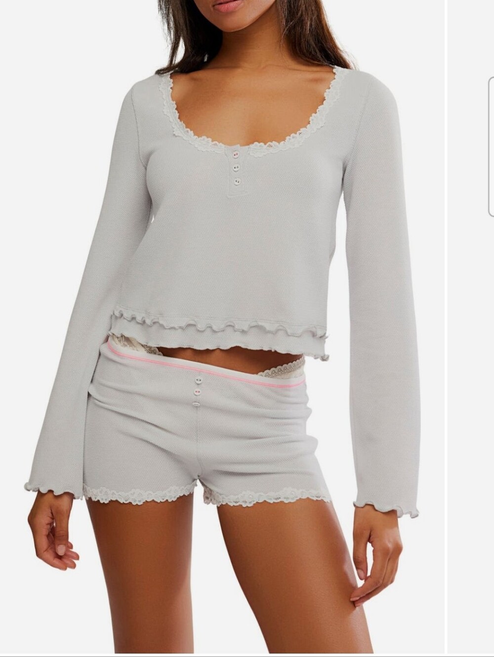 Free People Pale Gray Waffle Knit Lace-Trim Lounge Set